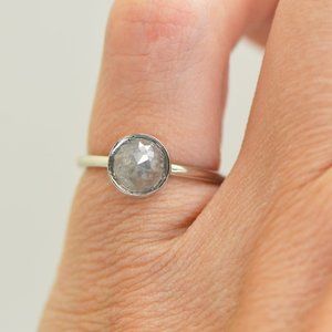 Diamond Bezel Ring Rose-Cut Round Fancy Gray Color Real 14K White Gold 0.90 Ct